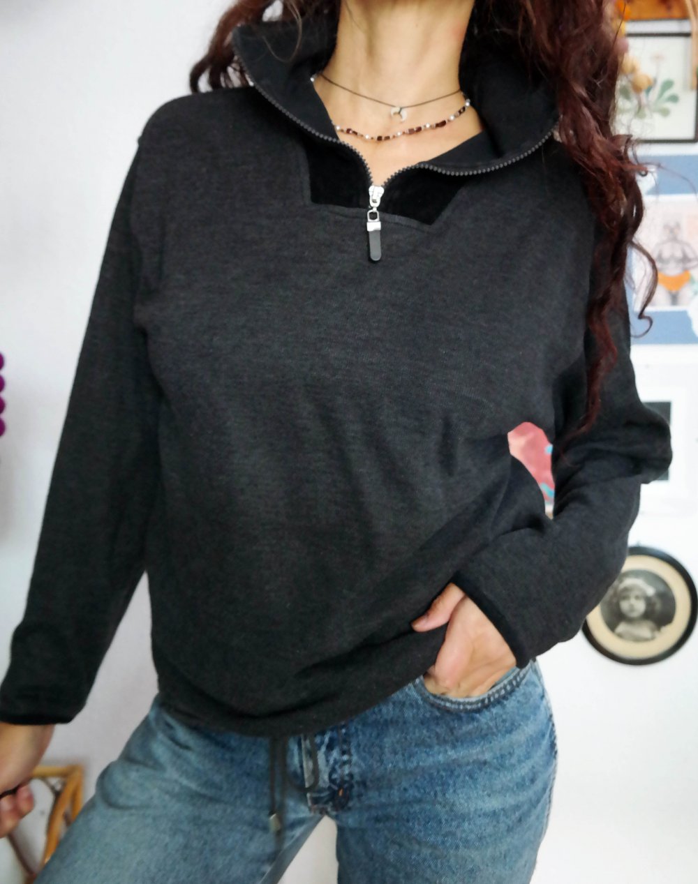 Original Vintage 90er Pullover schwarz Samt Sweatshirt Rollkragen Zipper Sweater M L 38 40 Pannesamt Kapuze Hoodie Hoody Kapuzenpullover