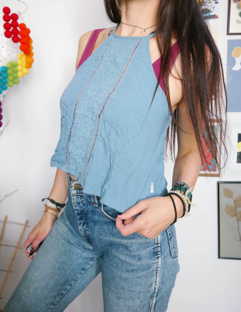Hippie Ethno Element Top Neckholder luftig zart hellblau Stickerei M 38