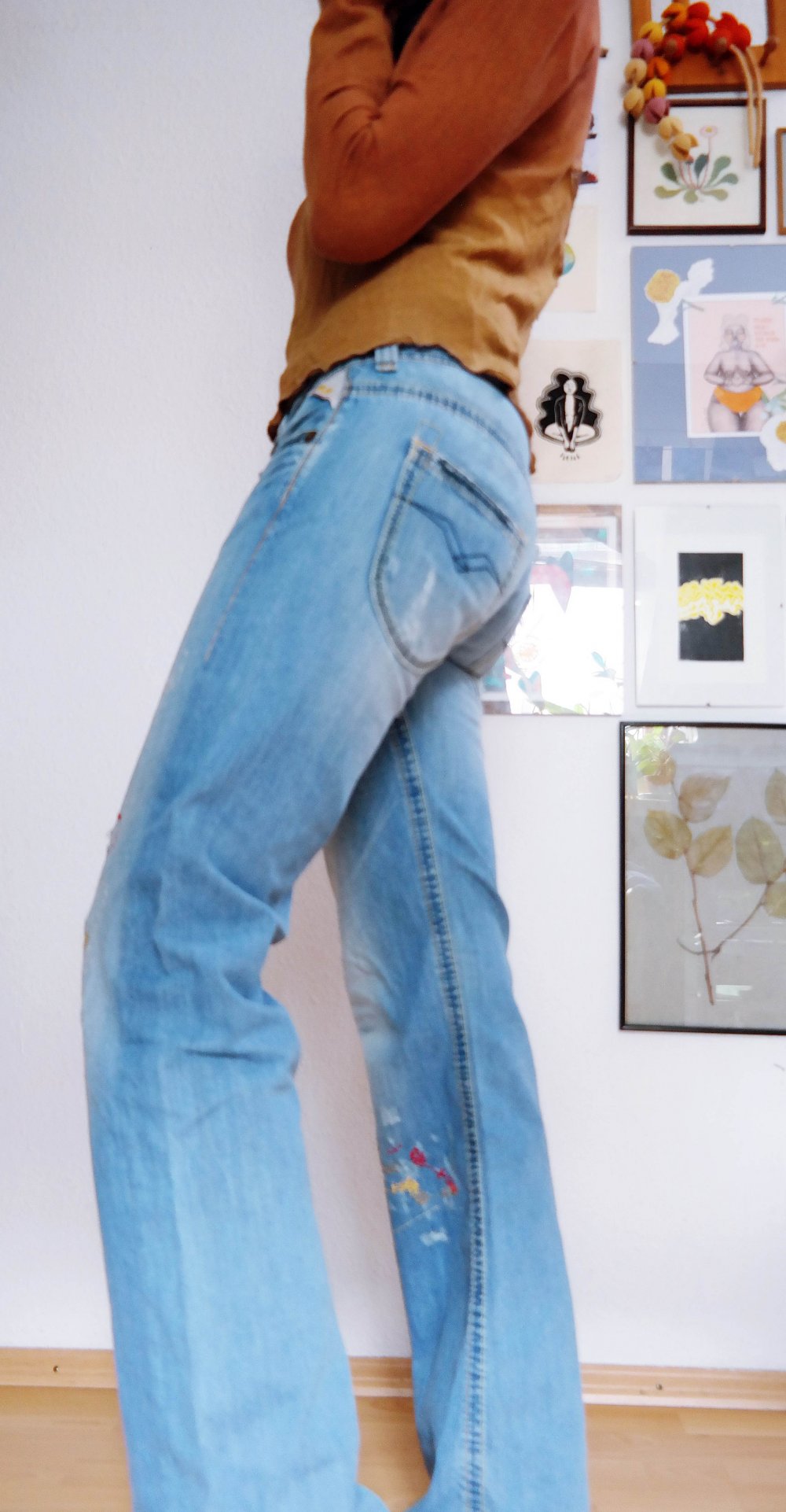 Replay Hippie Hose bestickt Stickerei blau bunt Electra weites Bein S M 28 29 34