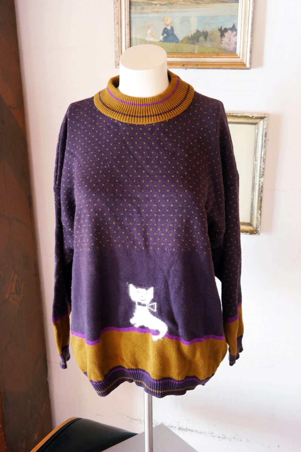 Vintage Katzenpullover Katze Pullover Herzen lila bunt L 40