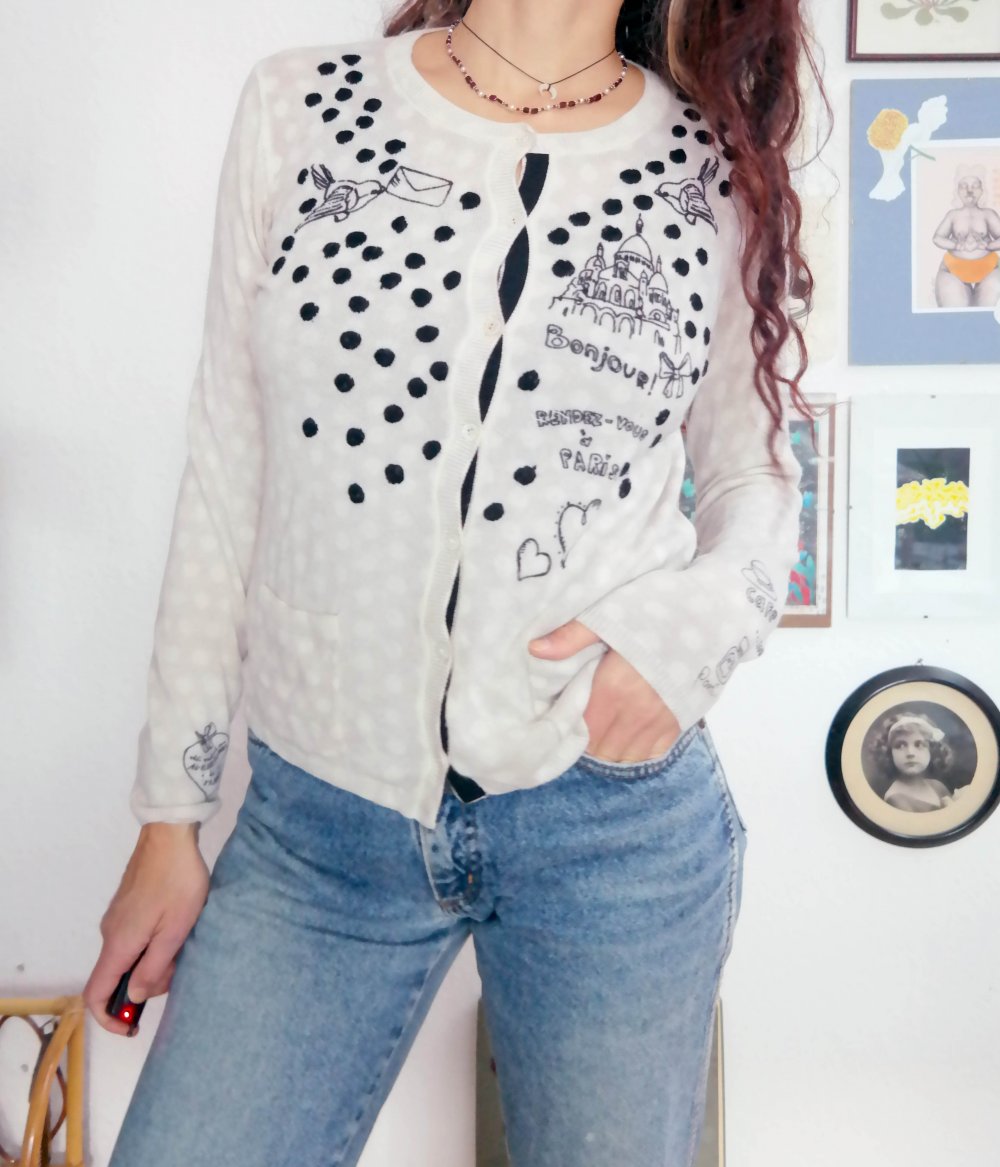 Nice Connection Paris NC Strickjacke Wolljacke Cardigan Strick Wolle Muster Punkte Vogel Schwalbe S 36 M 38