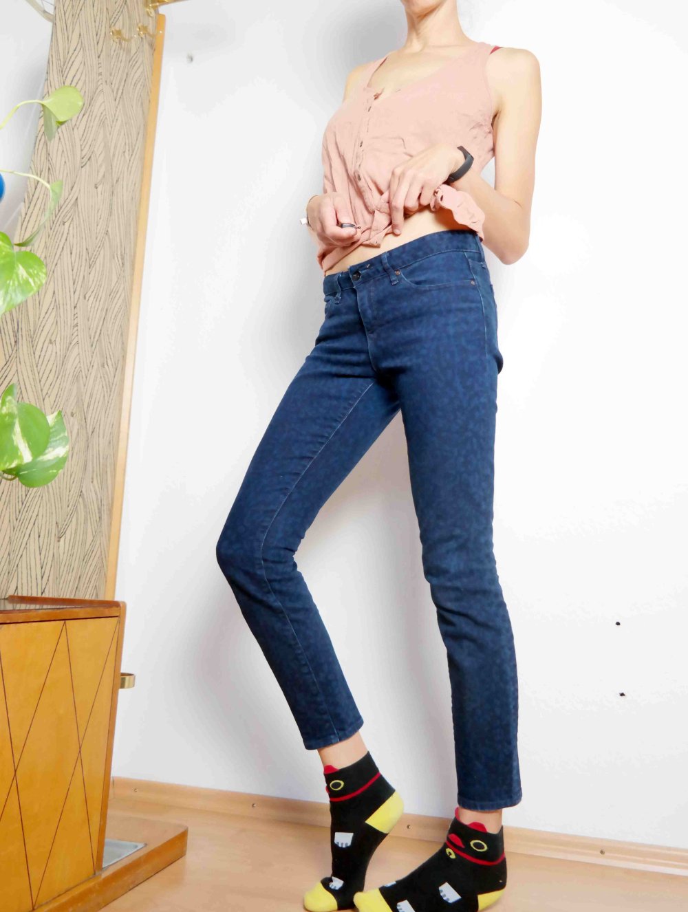 Gap Jeans Hose Jeanshose Skinny Röhrenjeans Röhrenhose dunkelblau Muster Batik 28 S / 36