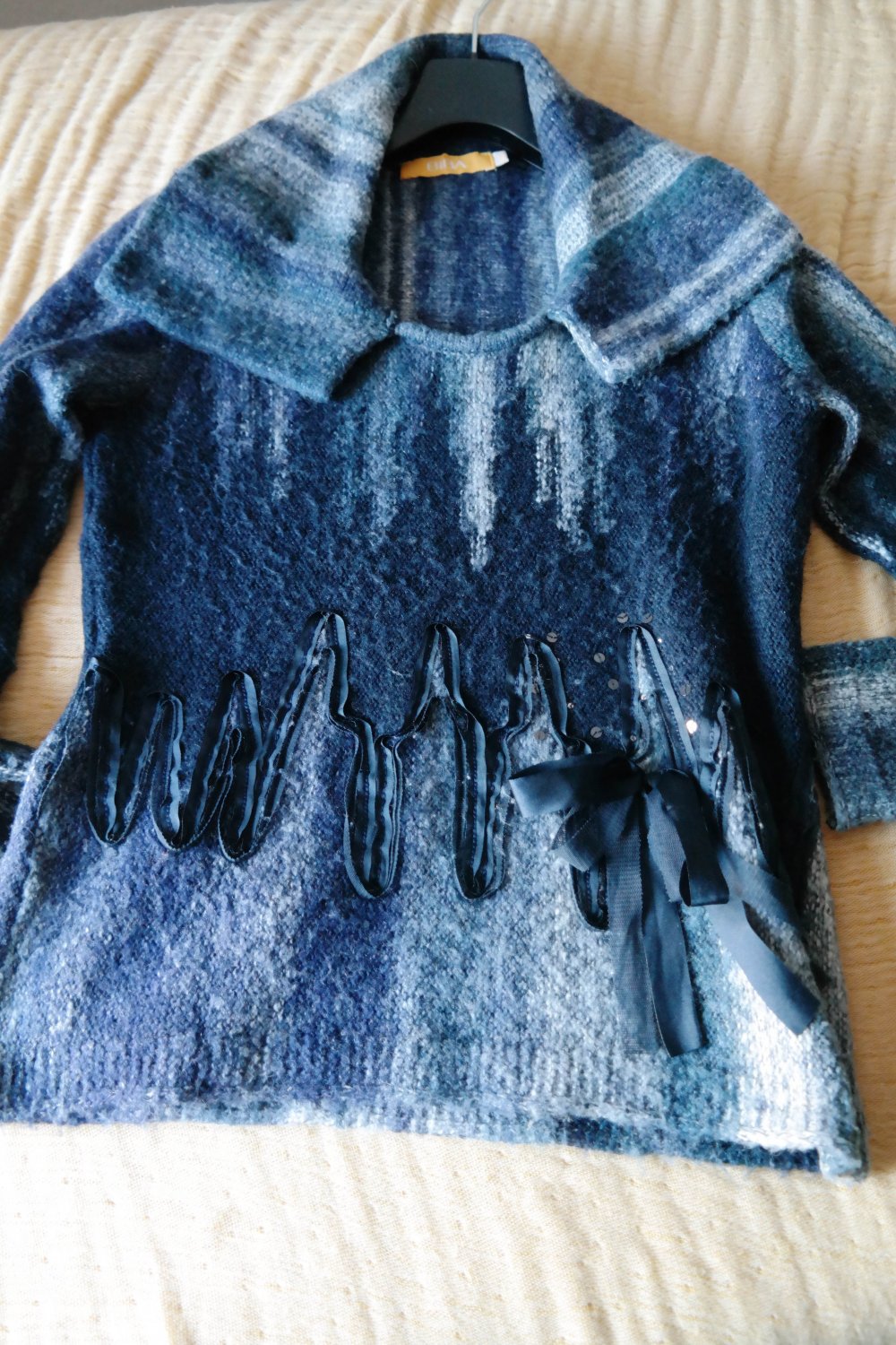 BIBA Strickpullover Blautöne Kragen hellblau dunkelblau Winterpullover S 36 