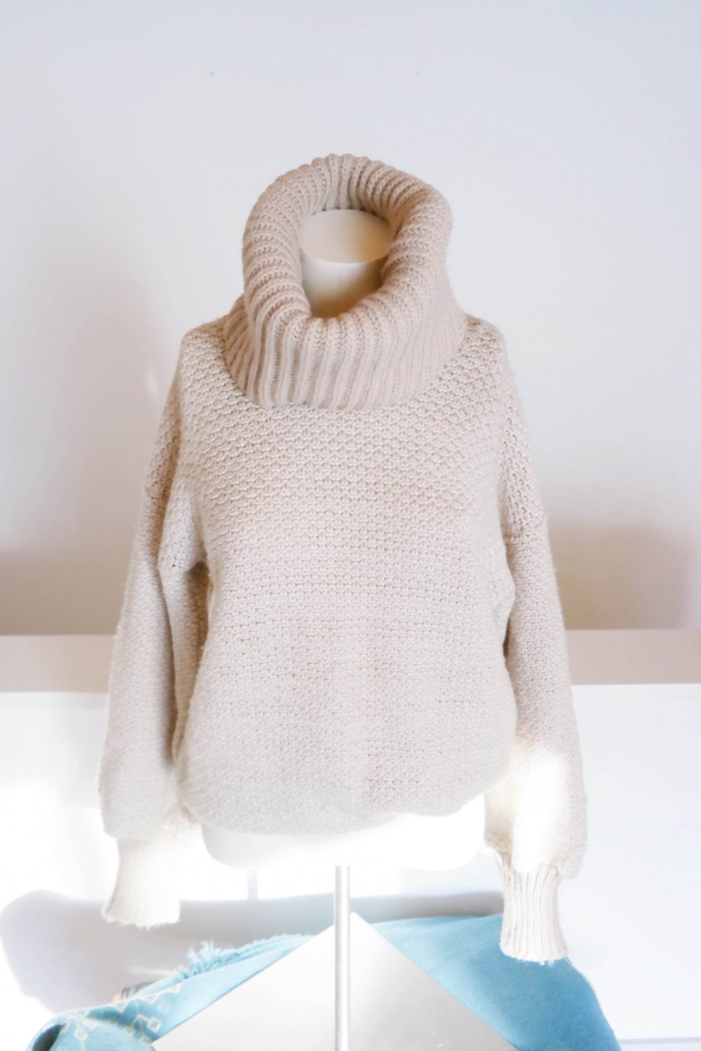 Vintage Chunky Grobstrick Pullover Wolle Wollpullover oversized Riesenkragen creme L 40