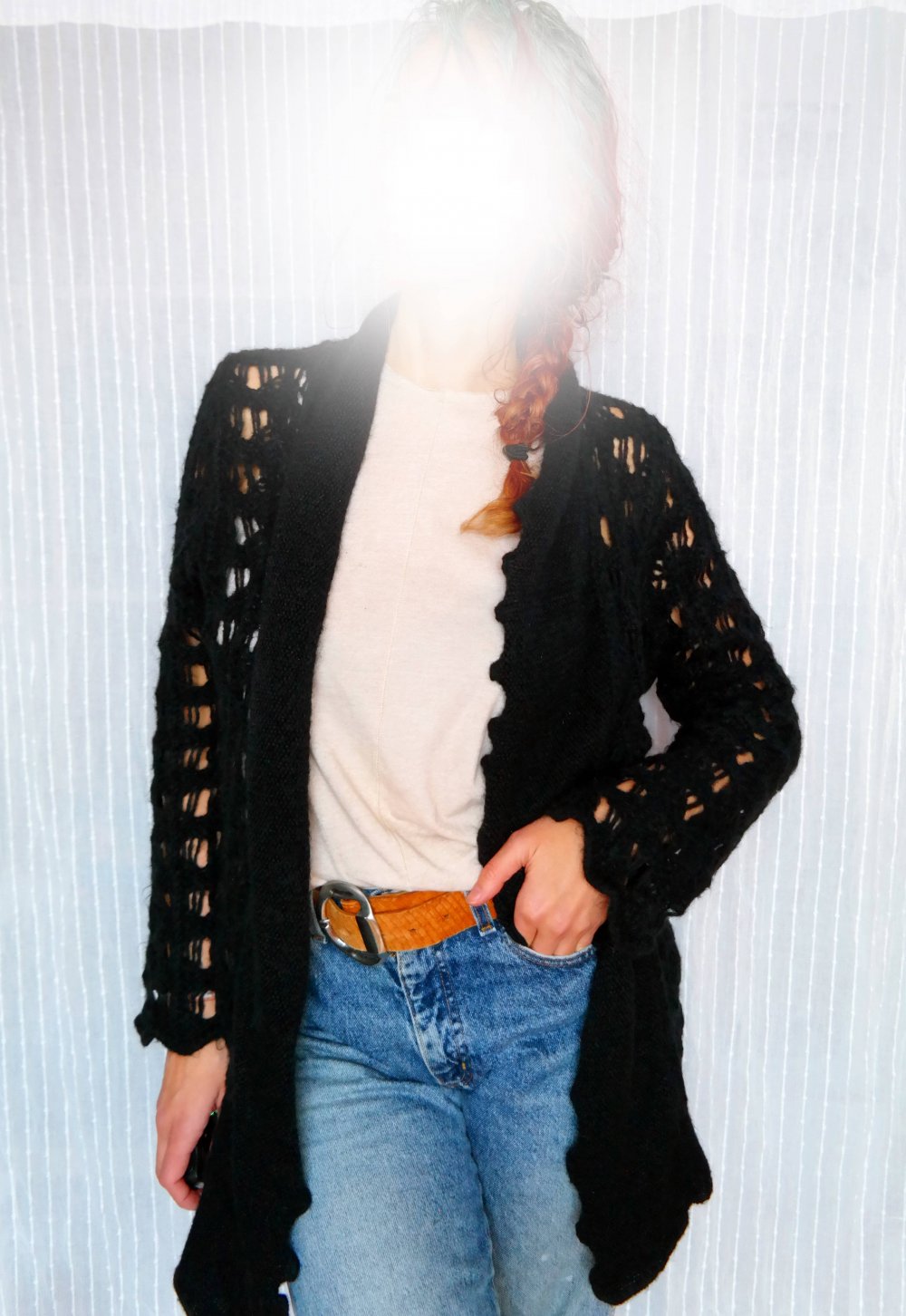 Mohair Cardigan Strickjacke schwarz Grobstrick Longjacke Wolle Wolljacke M 38