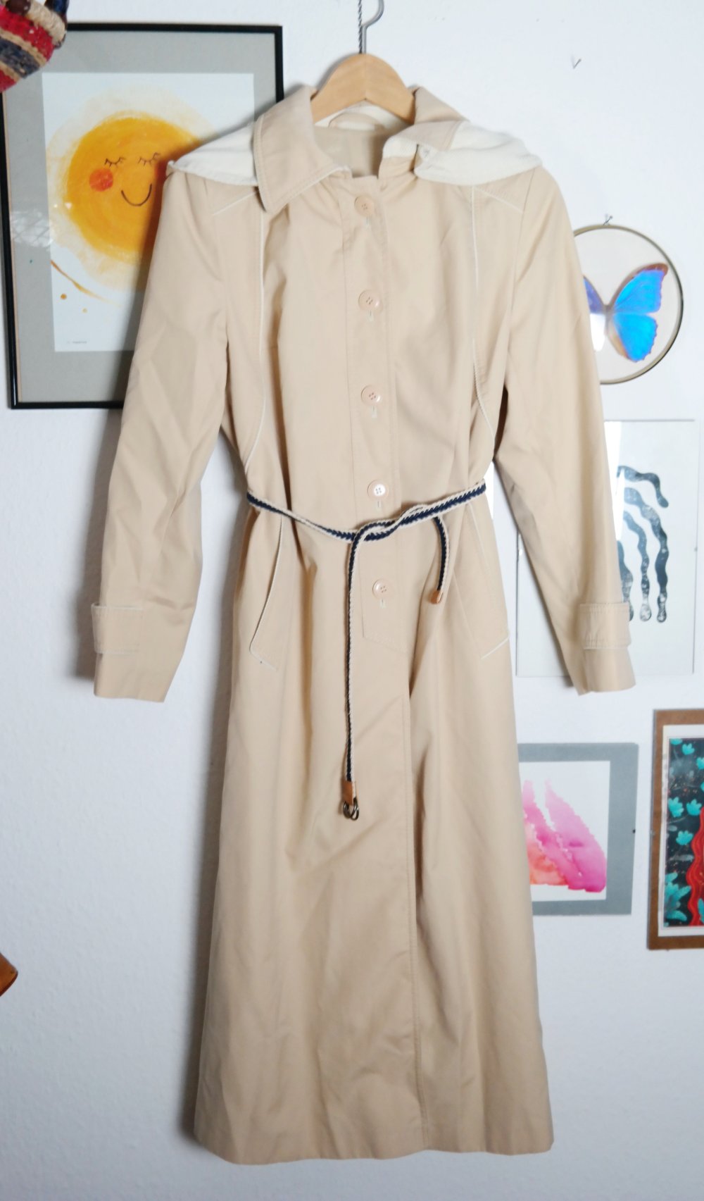 Vintage Mantel Trenchcoat Kapuze Kapuzenmantel Herbstmantel M L 38 40 Cord beige weiß