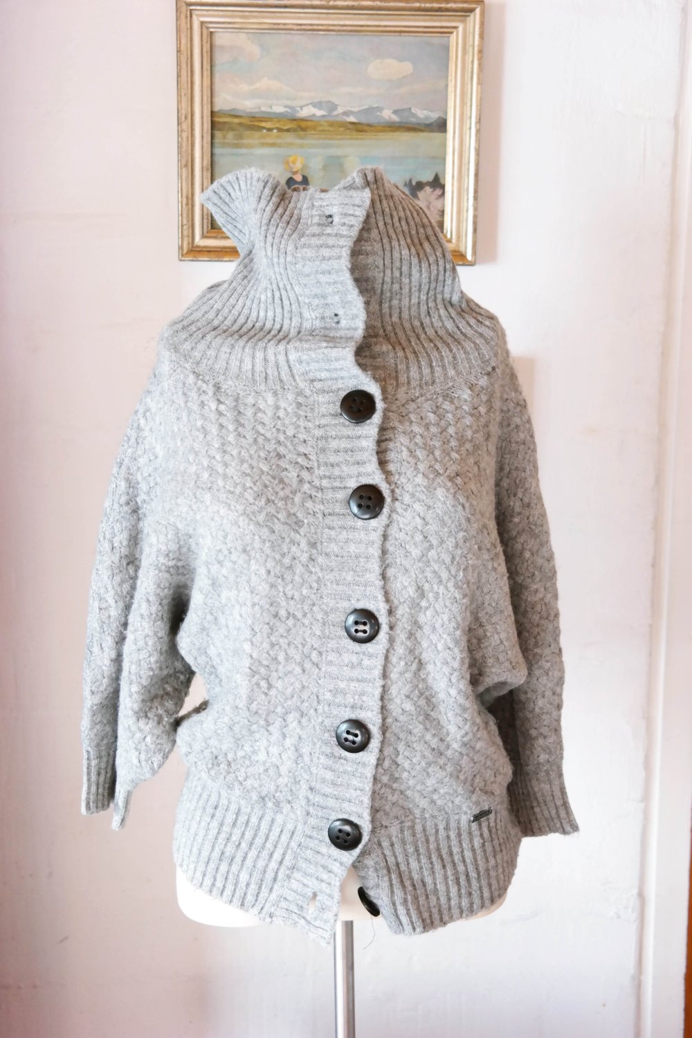 Nümph Wolle Strickjacke Riesenkragen Flügelärmel grau Knöpfe Knopfleiste S 36 M 38