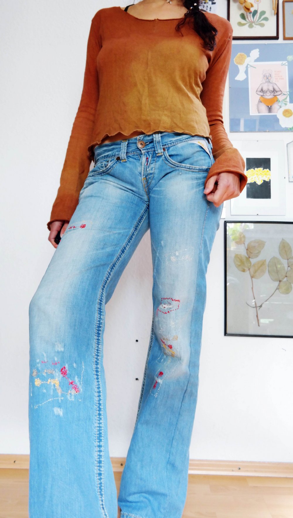 Replay Hippie Hose bestickt Stickerei blau bunt Electra weites Bein S M 28 29 34