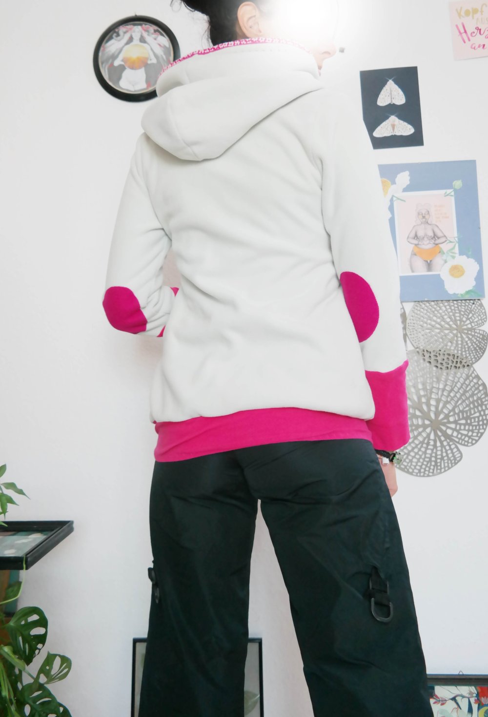 Handmade Fleecejacke warm bunt Winterjacke doppelseitig weiß Blumen 70er Unikat Einzelstück M 38