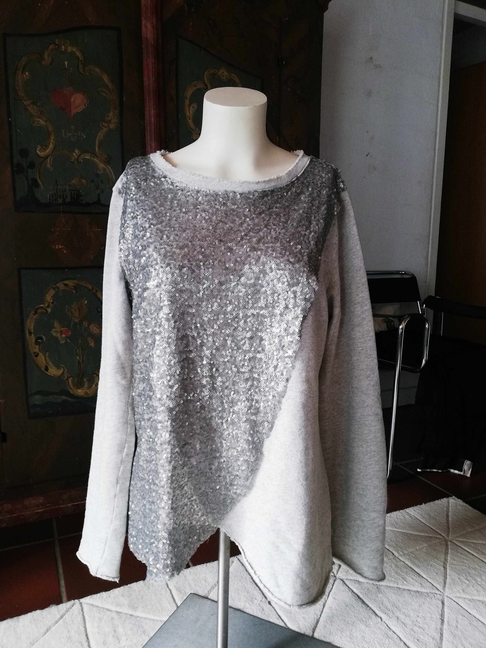 United Colors of Benetton Pullover Sweatshirt grau glitzer Pailletten Weihnachten M 38