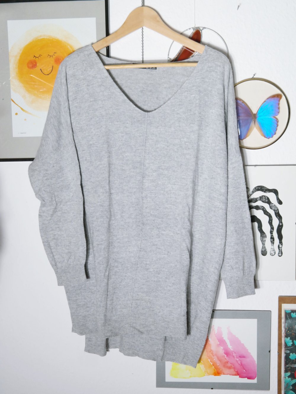 Atmosphere Pullover Wolle Longpullover grau V-Ausschnitt M 38 oversized 46 XXL