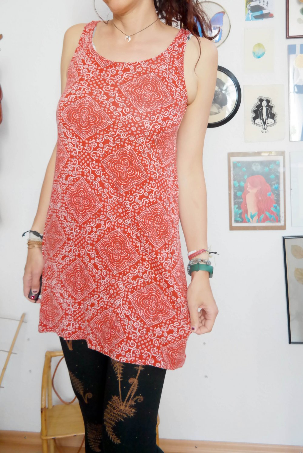 Indiska Minikleid Hippie Ethno Muster XS oversized S M 36 38 rostrot weiß