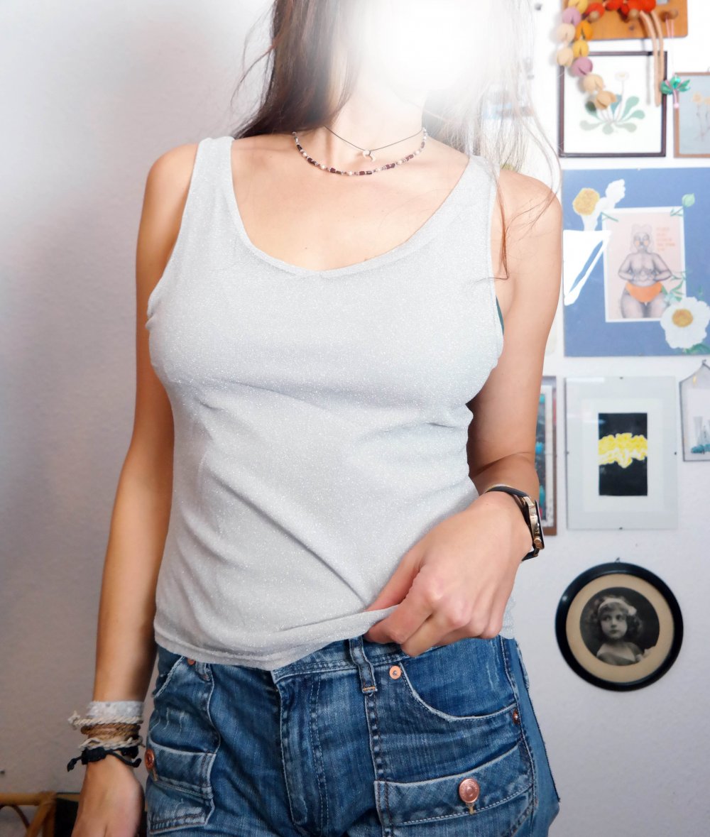 Tanktop Top Metallisch Glitzer Silber Silvester M 38 V-Ausschnitt