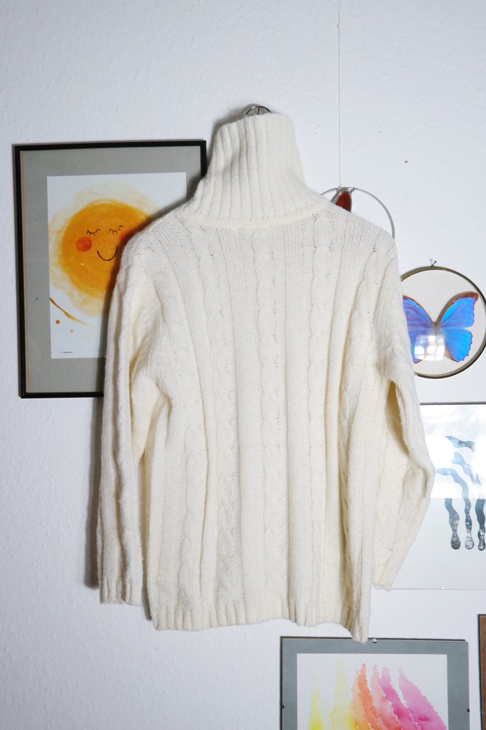 Strickpullover Muster Wollpullover weiß creme S 36 M 38 Folklore Wolle