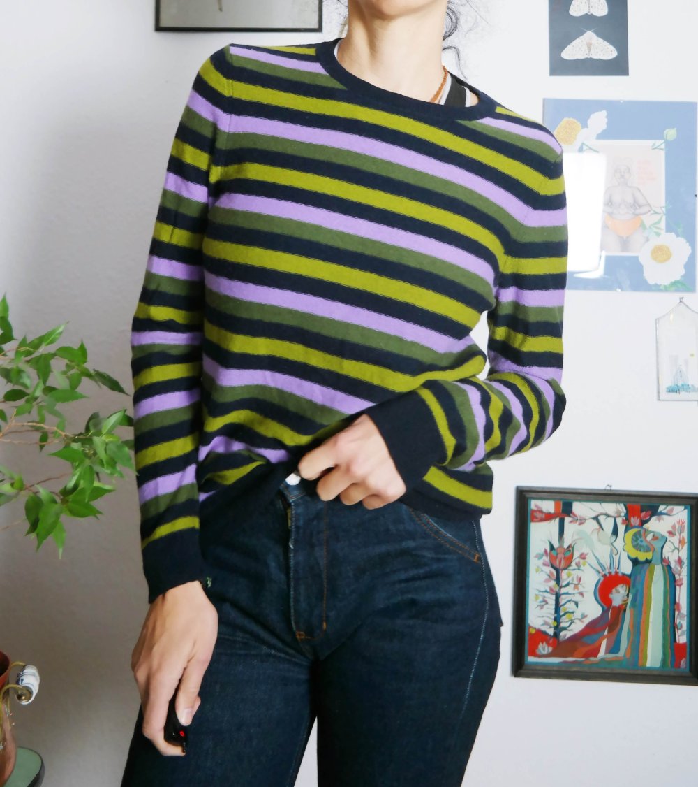 Kuscheliger Hessnatur Wollpullover 100% Schurwolle Streifen gestreift Hess Natur bunt Wolle grün lila schwarz L 40 M 38 Biologisch