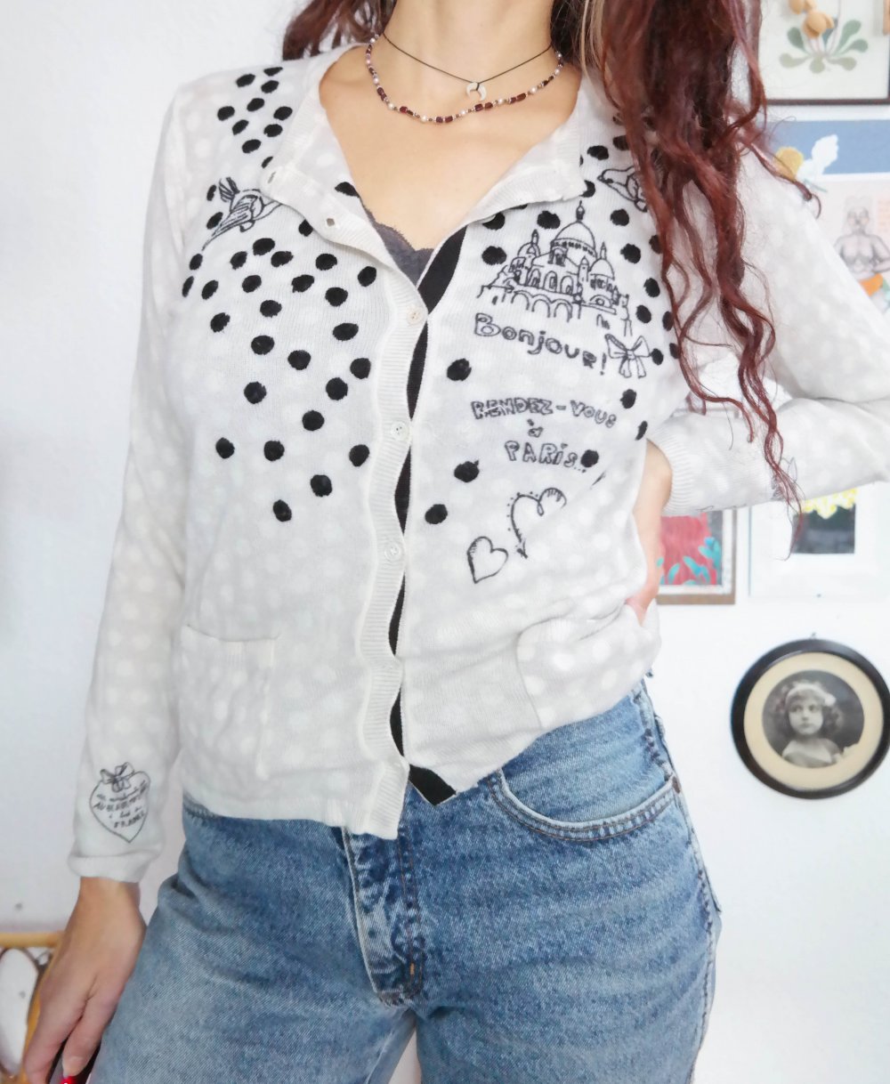 Nice Connection Paris NC Strickjacke Wolljacke Cardigan Strick Wolle Muster Punkte Vogel Schwalbe S 36 M 38