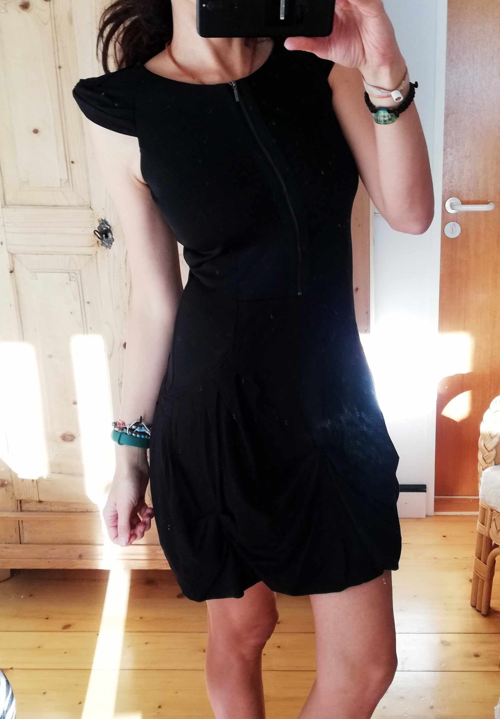 Biba Kleid Reißverschluss Ausschnitt variabel Raffung schwarz Cocktailkleid Flügelärmel XS 34 S 36 M 38