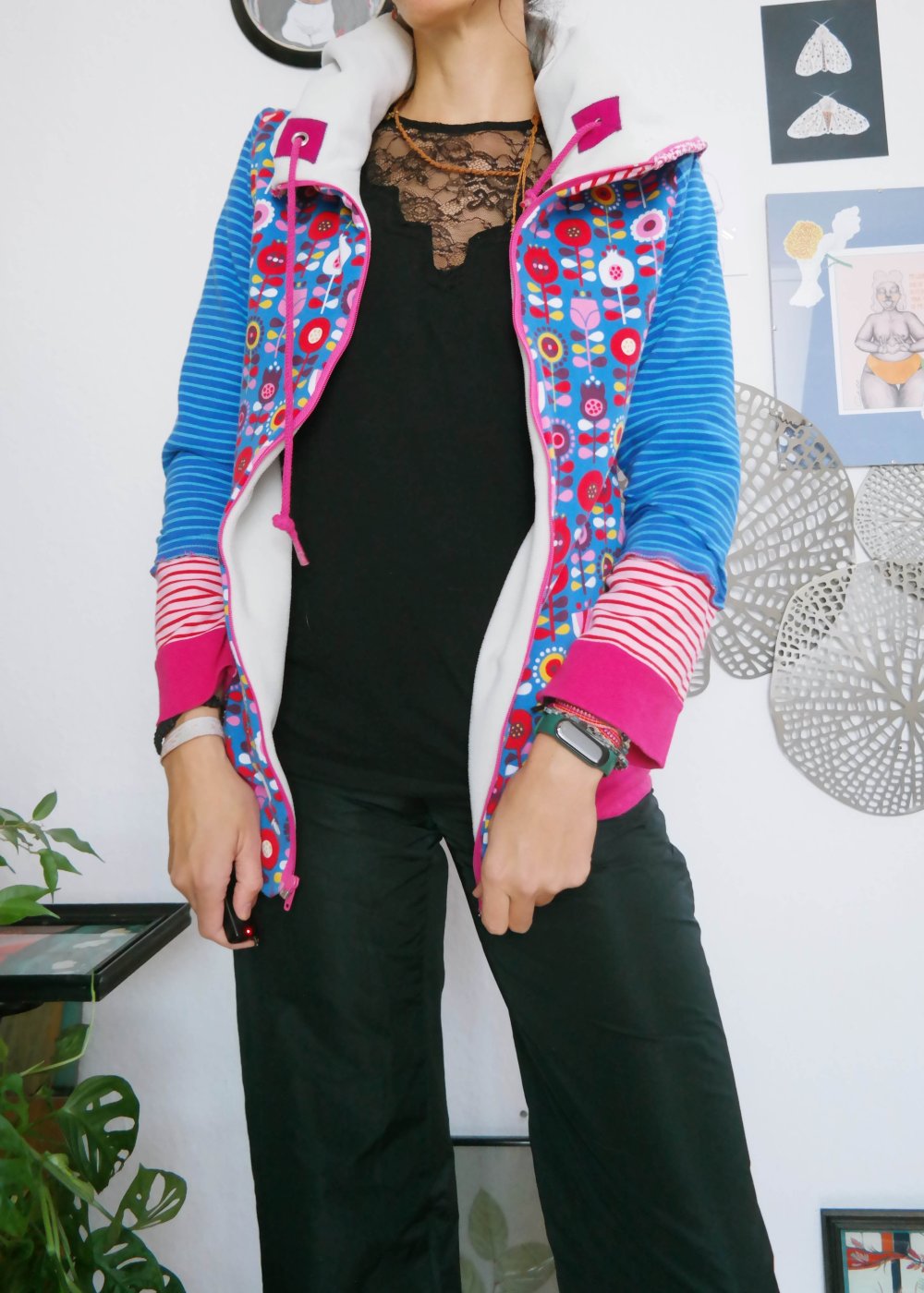 Handmade Fleecejacke warm bunt Winterjacke doppelseitig weiß Blumen 70er Unikat Einzelstück M 38