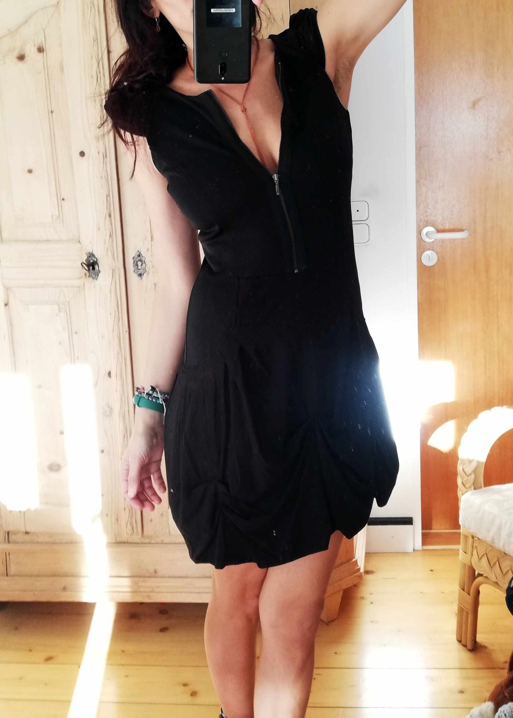 Biba Kleid Reißverschluss Ausschnitt variabel Raffung schwarz Cocktailkleid Flügelärmel XS 34 S 36 M 38