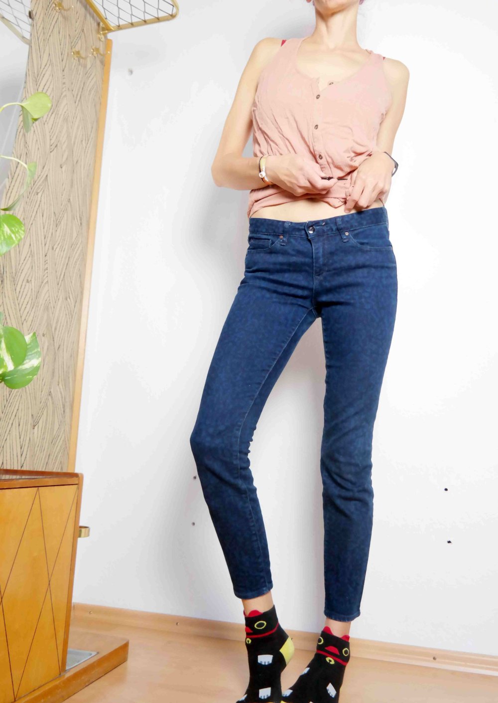 Gap Jeans Hose Jeanshose Skinny Röhrenjeans Röhrenhose dunkelblau Muster Batik 28 S / 36