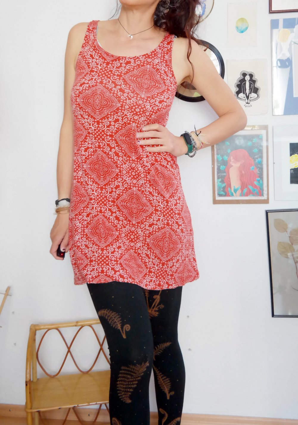 Indiska Minikleid Hippie Ethno Muster XS oversized S M 36 38 rostrot weiß