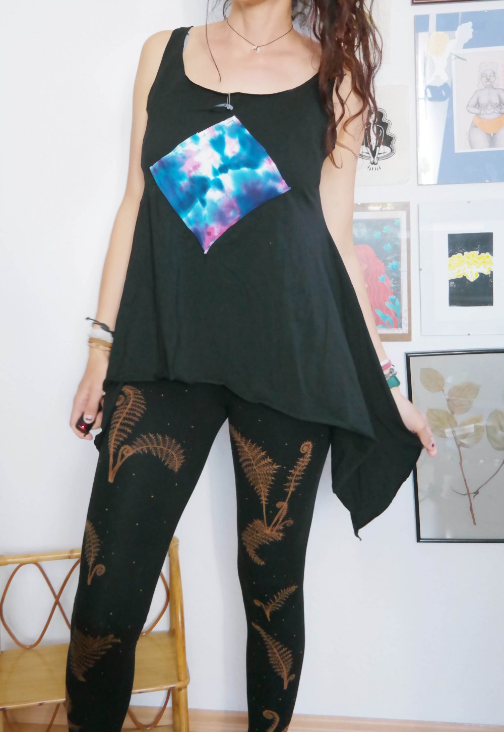 Handmade Top Tanktop schwarz bunt gebatikt Batik Geometrie zipfelig Zipfeltop oversized L XL 40 42