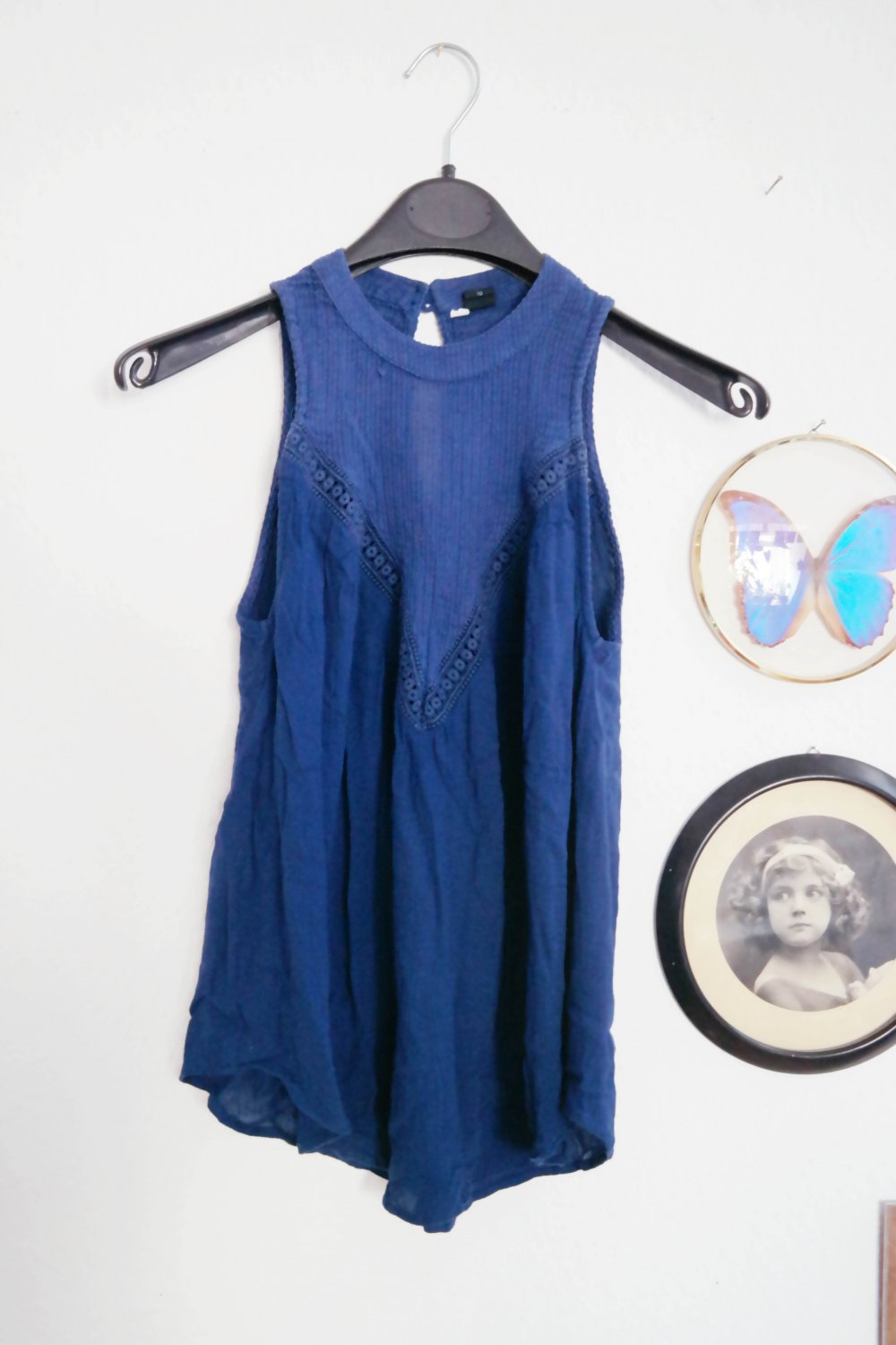 Volcom Top Tanktop dunkelblau marine transparent halsnah V-Ausschnitt Biese M L 38 40