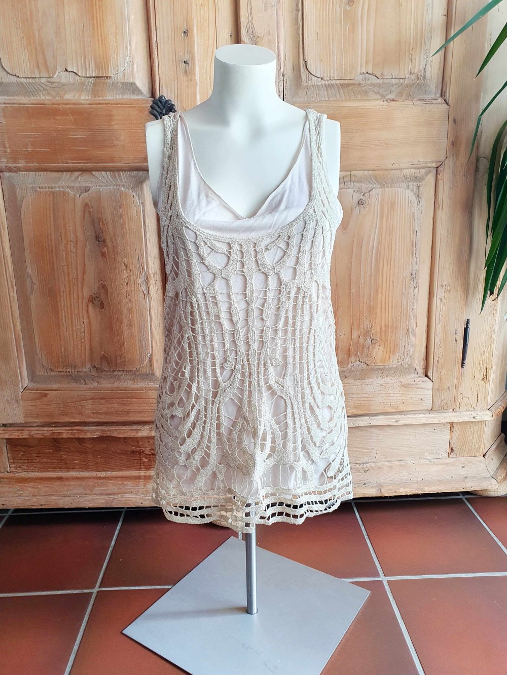 Guess Minikleid Tunika Top Spitze Häkelkleid Häkeltop Hippie Boho Gold Glitzer S 36
