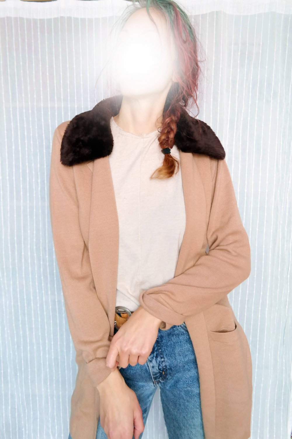 Madeleine Twinset Kostüm Wolle Schurwolle Fellkragen Teddyfell Cardigan Strickjacke braun S M 