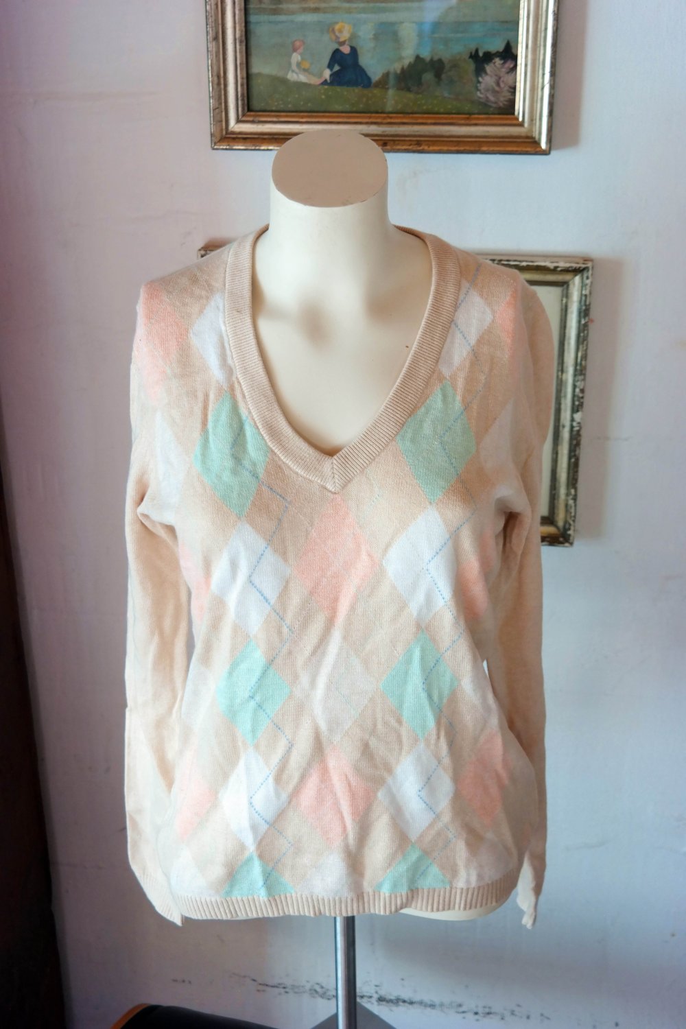 Tommy Hilfiger Pullover Pullover Cashmere V-Ausschnitt Karo kariert creme L 40 M 38