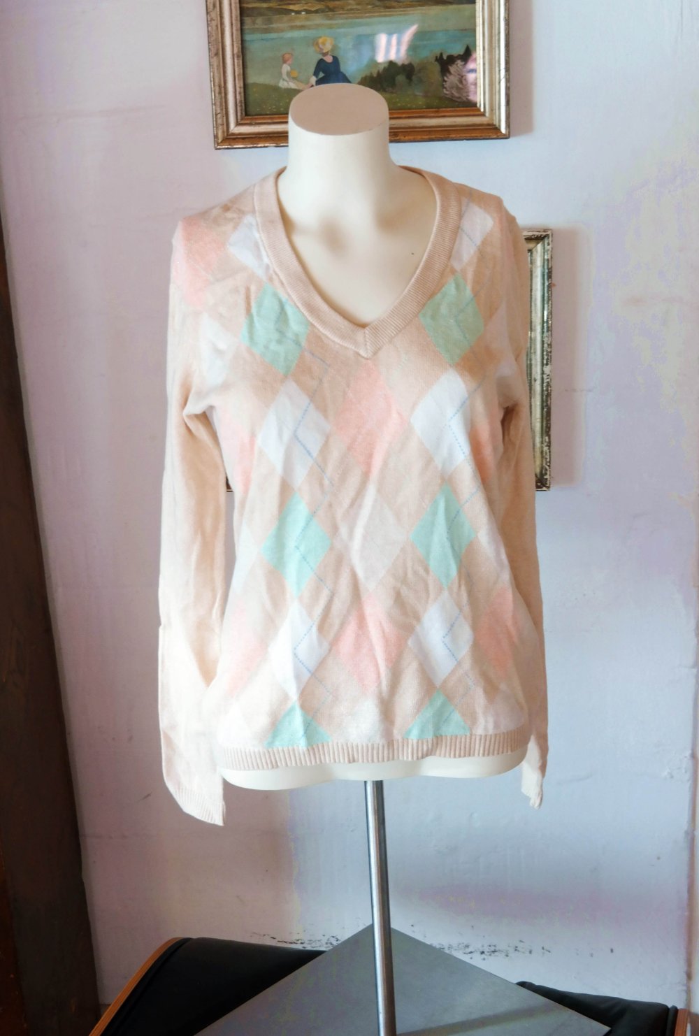 Tommy Hilfiger Pullover Pullover Cashmere V-Ausschnitt Karo kariert creme L 40 M 38