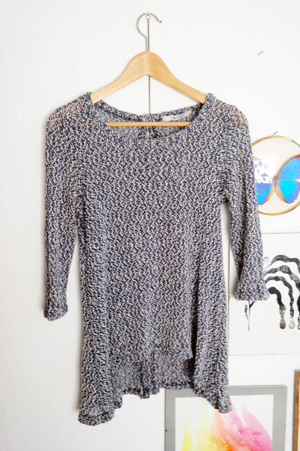 Hippie Boucle Pullover meliert asymmetrisch blau weiß zart L 40 zipfelig