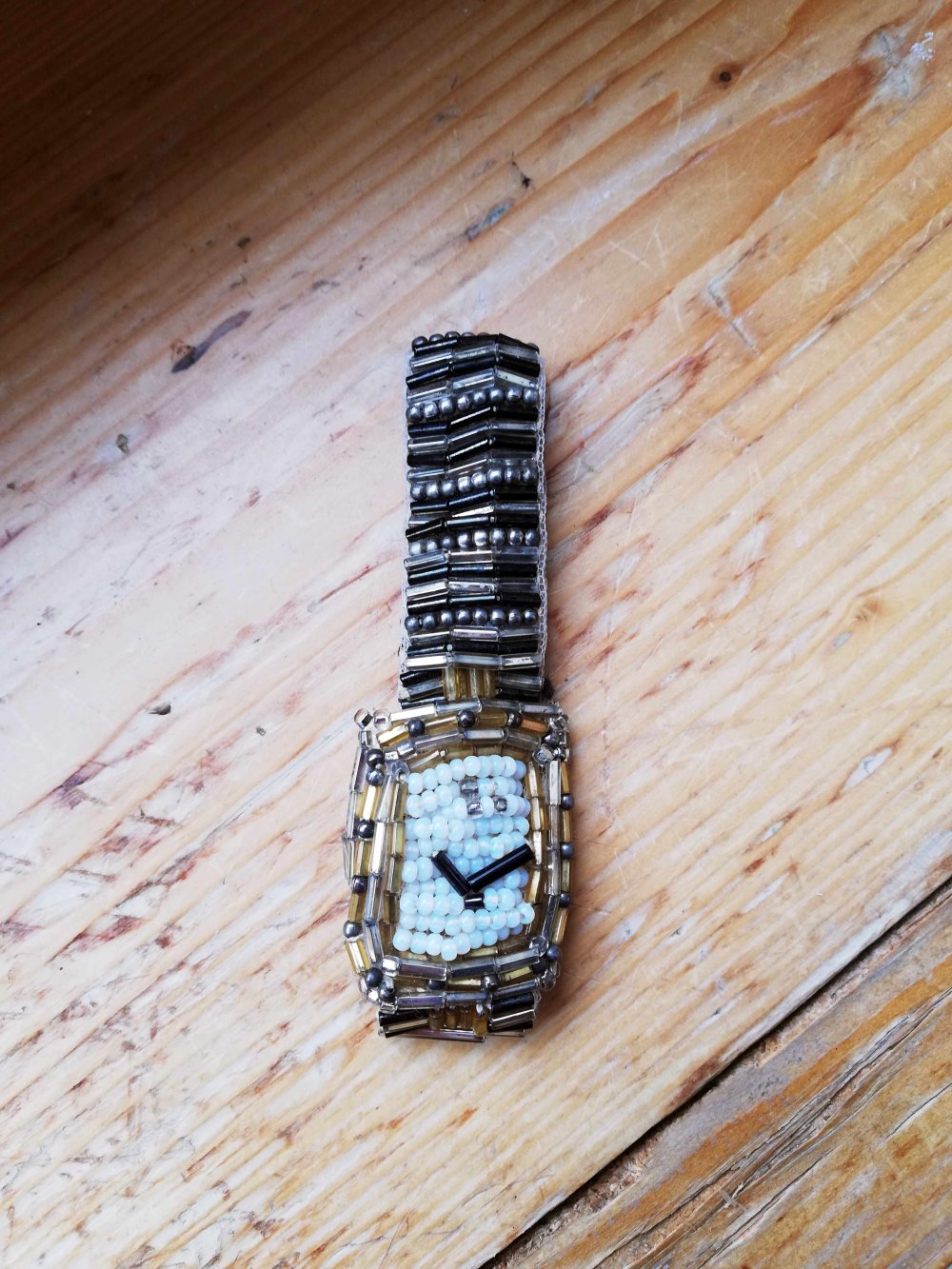 Vintage Uhr Perlen Unikat Kitsch silber Gold handmade 70er 80er 