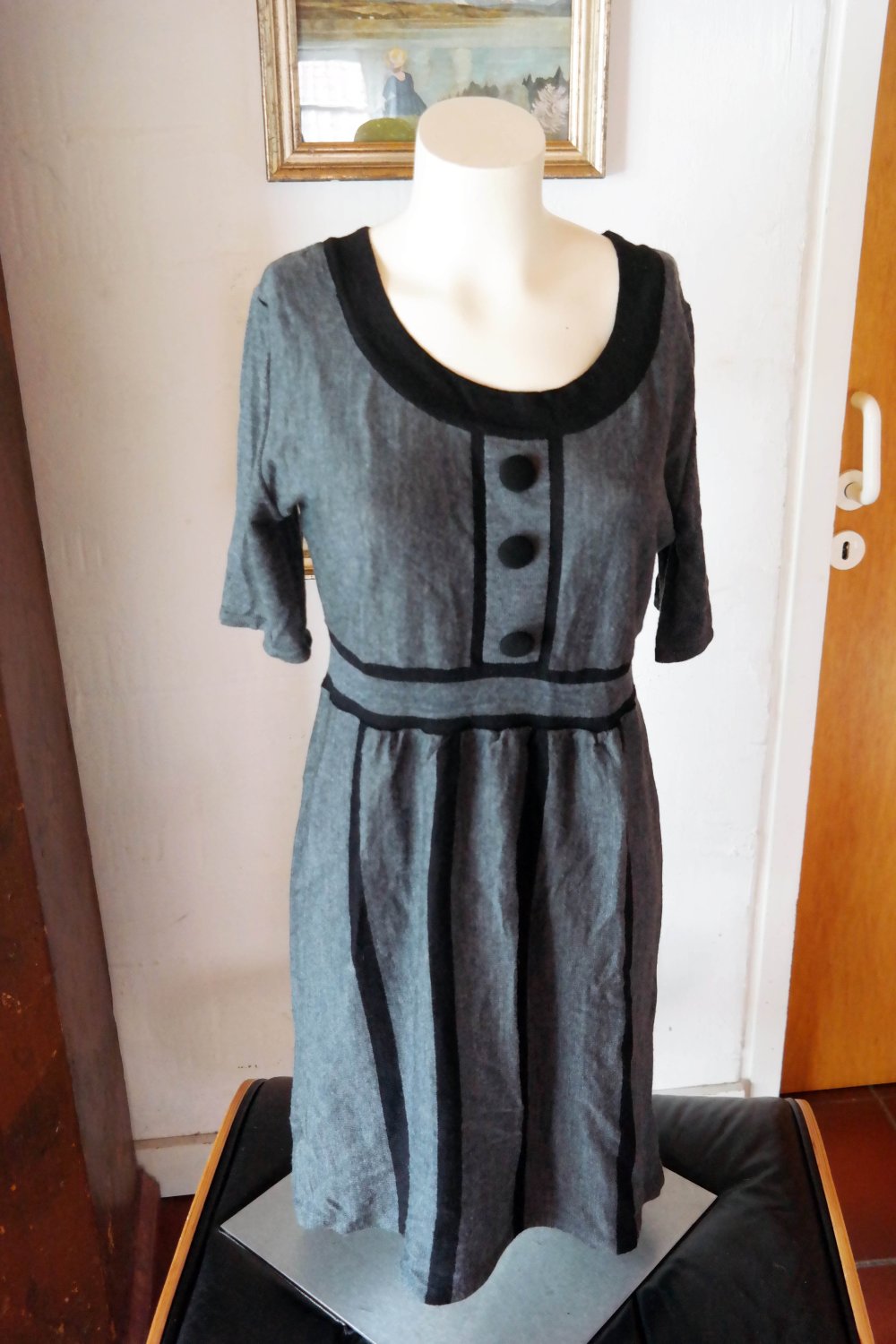 H&M Kleid grau schwarz Knöpfe Wolle Wollkleid Preppy Schoolgirl Lolita Kawaii S 36 M 38