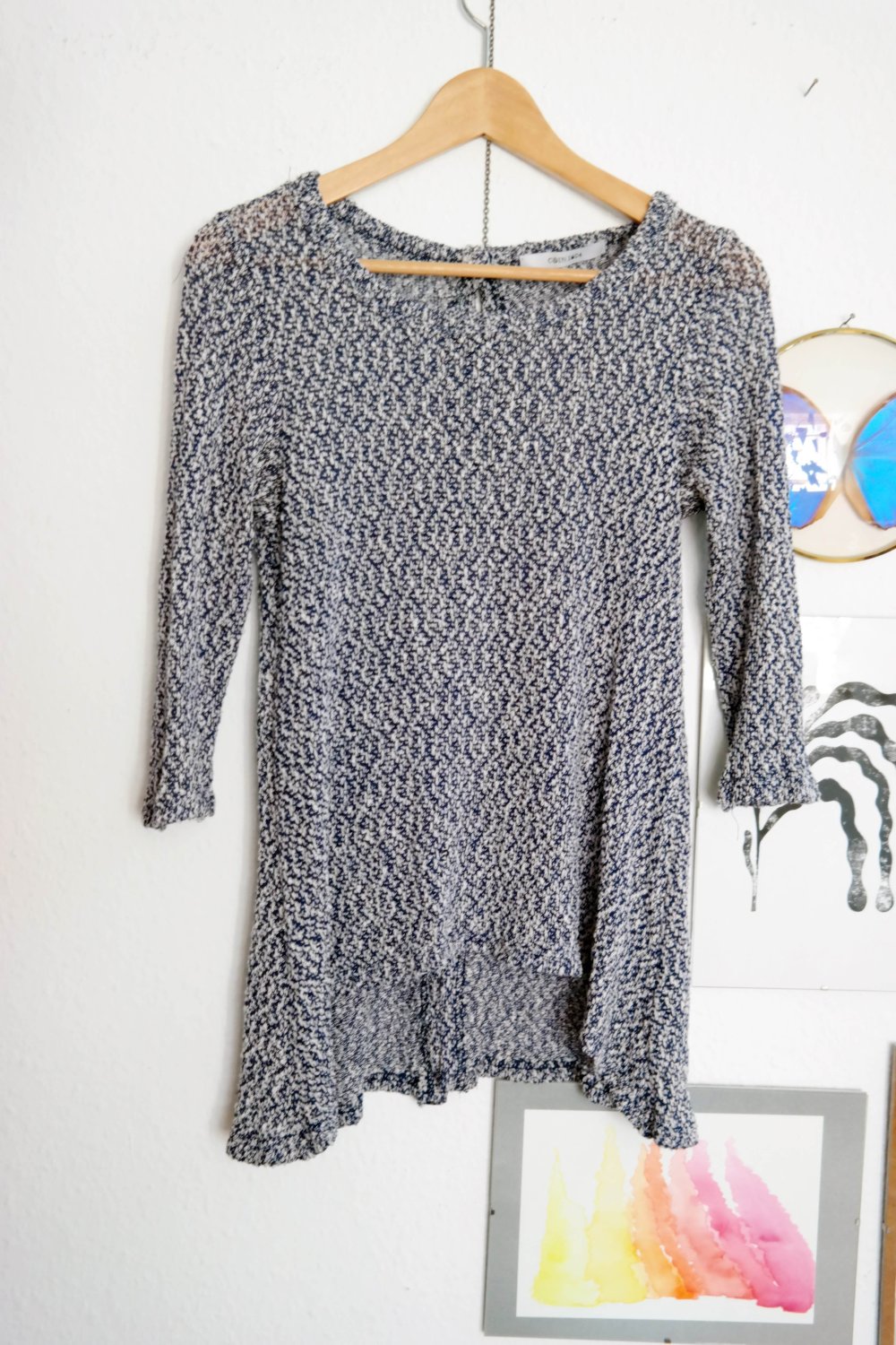 Hippie Boucle Pullover meliert asymmetrisch blau weiß zart L 40 zipfelig