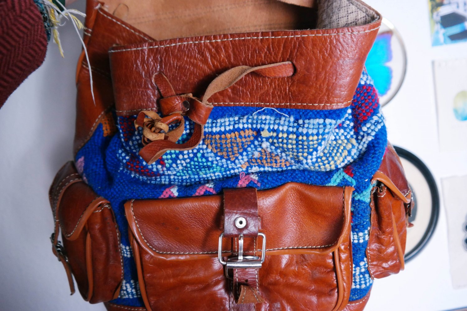 Vintage 80s 90s Bohemian Hippie Lederrucksack Echtleder Kelim Folklore Boho Ethno 