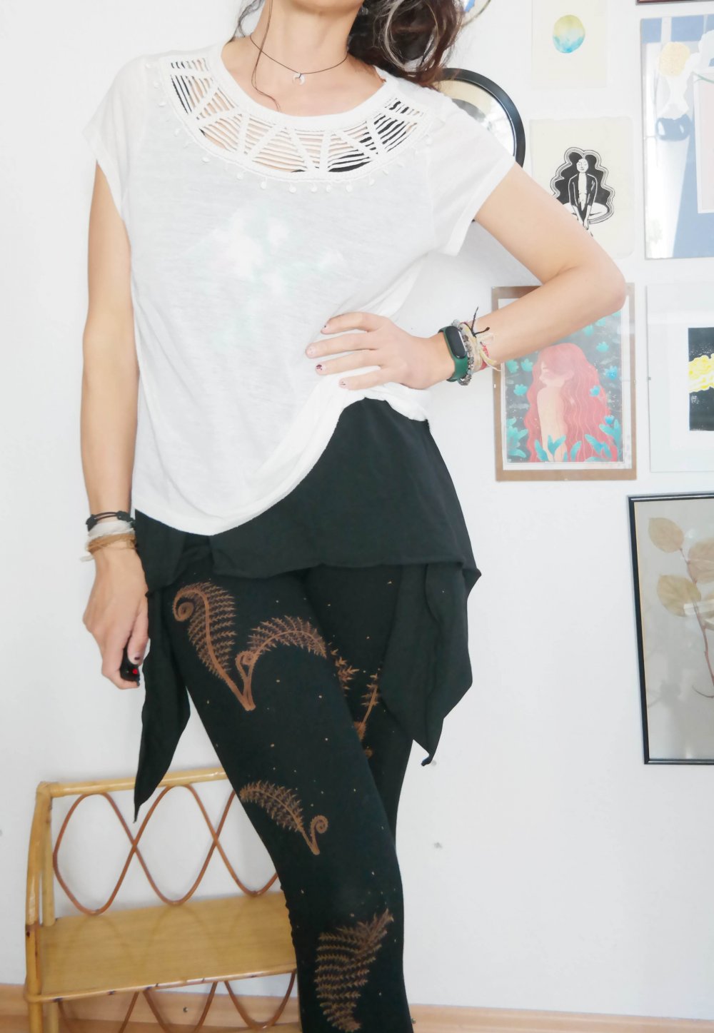 H&M Hippie Ethno Shirt weiß Borte locker oversized creme Bommel geflochten L 42