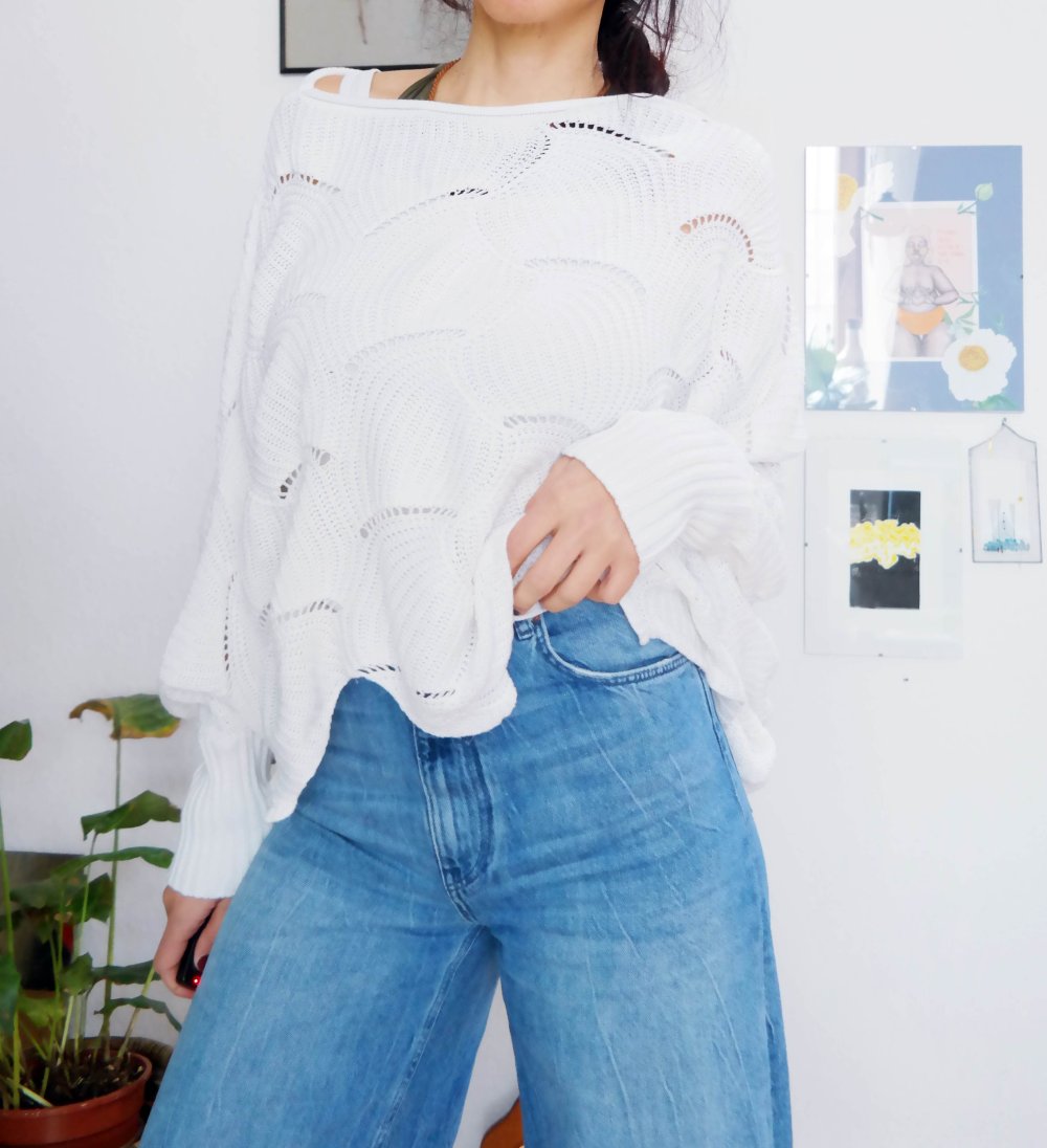 Oversized Pullover Strickpullover weiß Muster Lochmuster unisize M L XL 