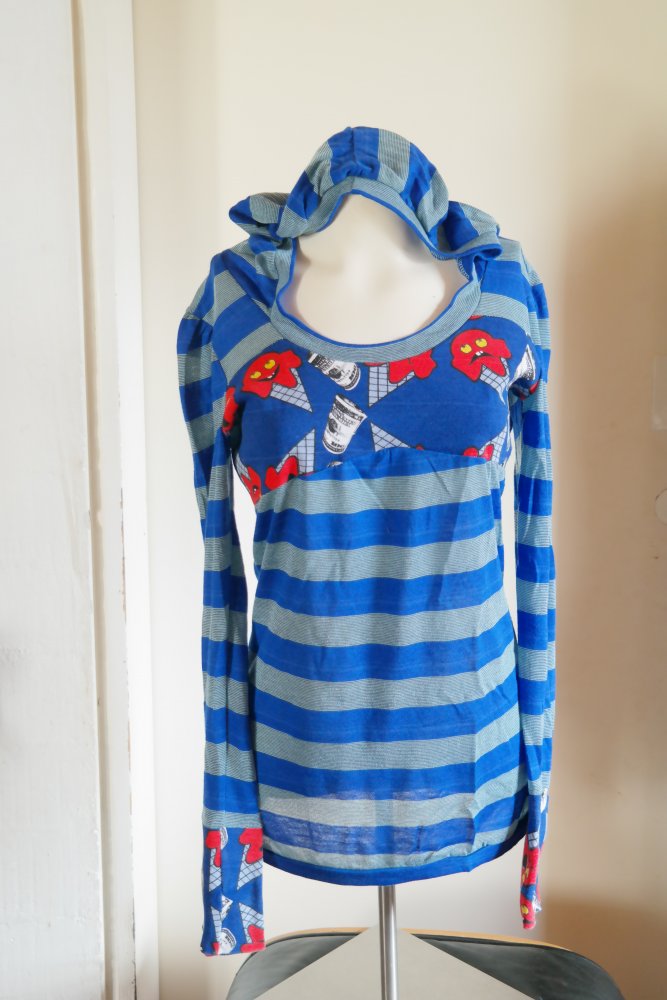 Handmade Pullover Hoodie Kapuzenpullover Unikat Monster Eis Icecream blau bunt M 38