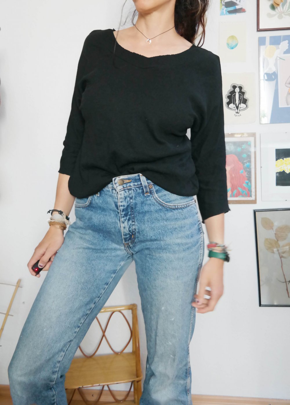 Handmade Pullover V-Ausschnitt schwarz Stretch Rippstoff L 40