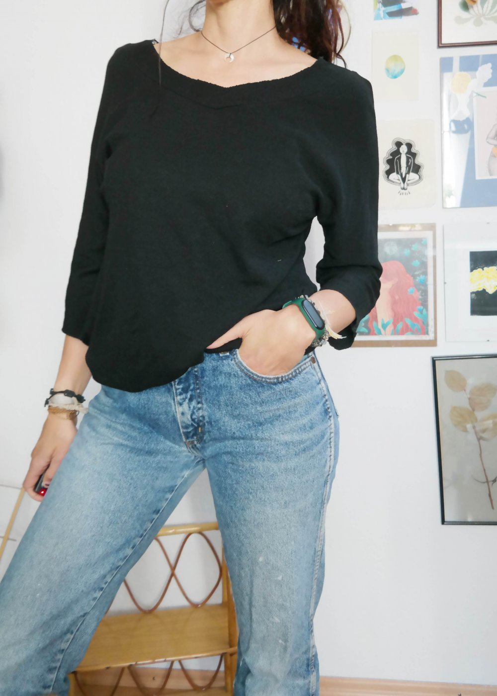 Handmade Pullover V-Ausschnitt schwarz Stretch Rippstoff L 40