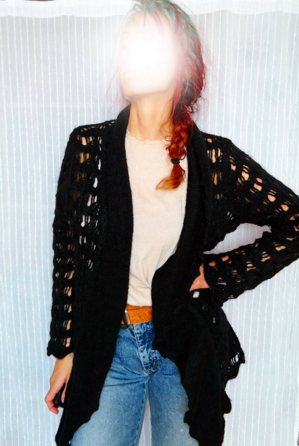 Mohair Cardigan Strickjacke schwarz Grobstrick Longjacke Wolle Wolljacke M 38