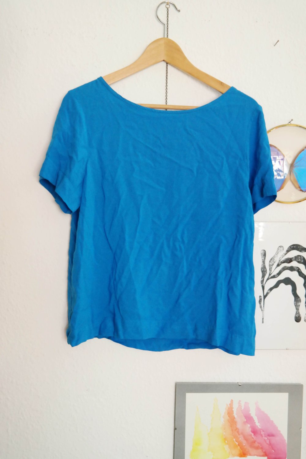 Bluse blau meerblau azur Flügelärmel locker L 40
