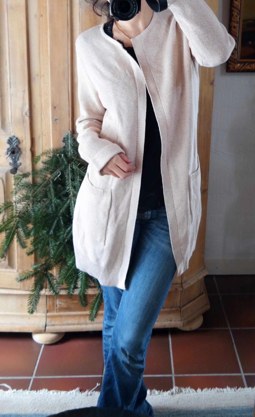 Longcardigan Strickjacke Cardigan lang Taschen beige sand M oversized L 38 40