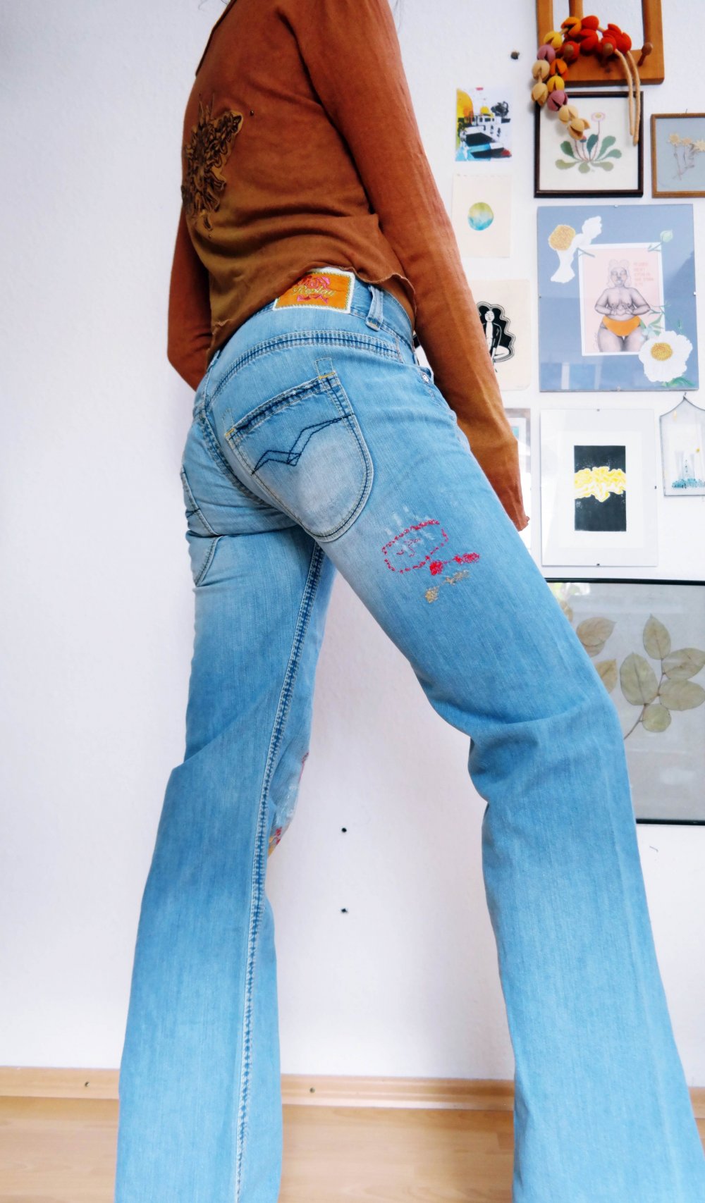 Replay Hippie Hose bestickt Stickerei blau bunt Electra weites Bein S M 28 29 34