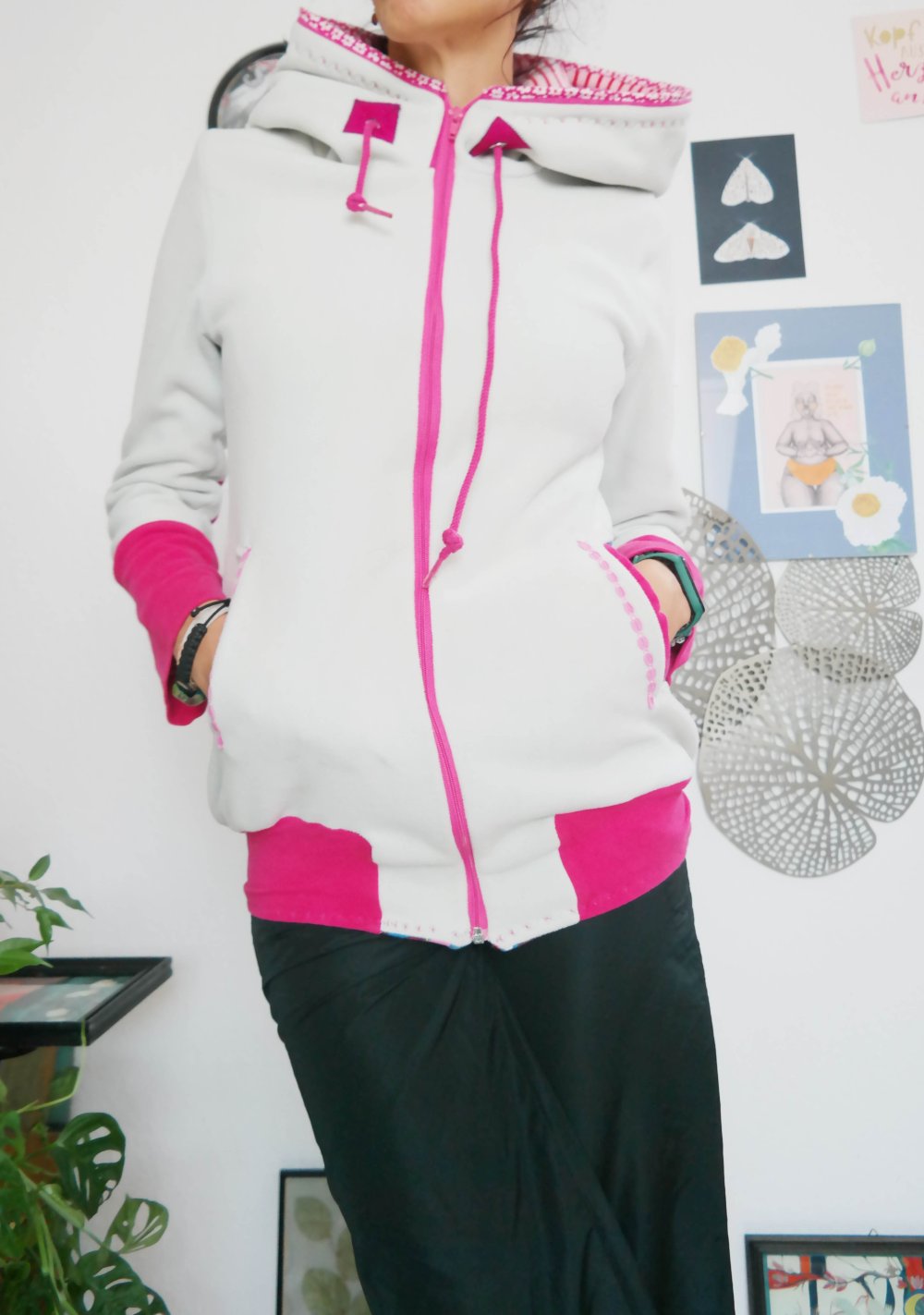 Handmade Fleecejacke warm bunt Winterjacke doppelseitig weiß Blumen 70er Unikat Einzelstück M 38