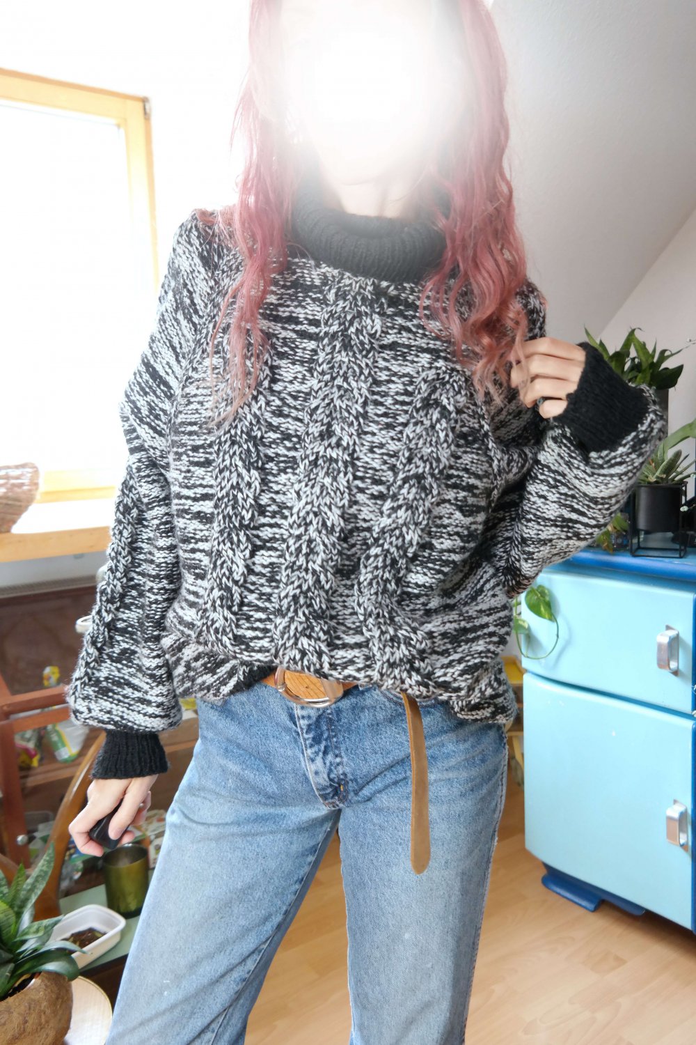 Handmade Chunky Grobstrick Pullover Strickpullover Zopfmuster Rollkragen schwarz weiß meliert XL oversized Wolle