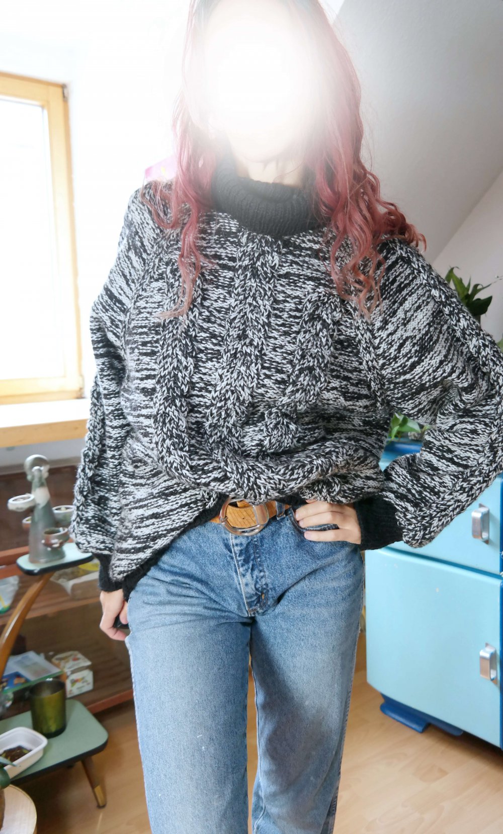 Handmade Chunky Grobstrick Pullover Strickpullover Zopfmuster Rollkragen schwarz weiß meliert XL oversized Wolle
