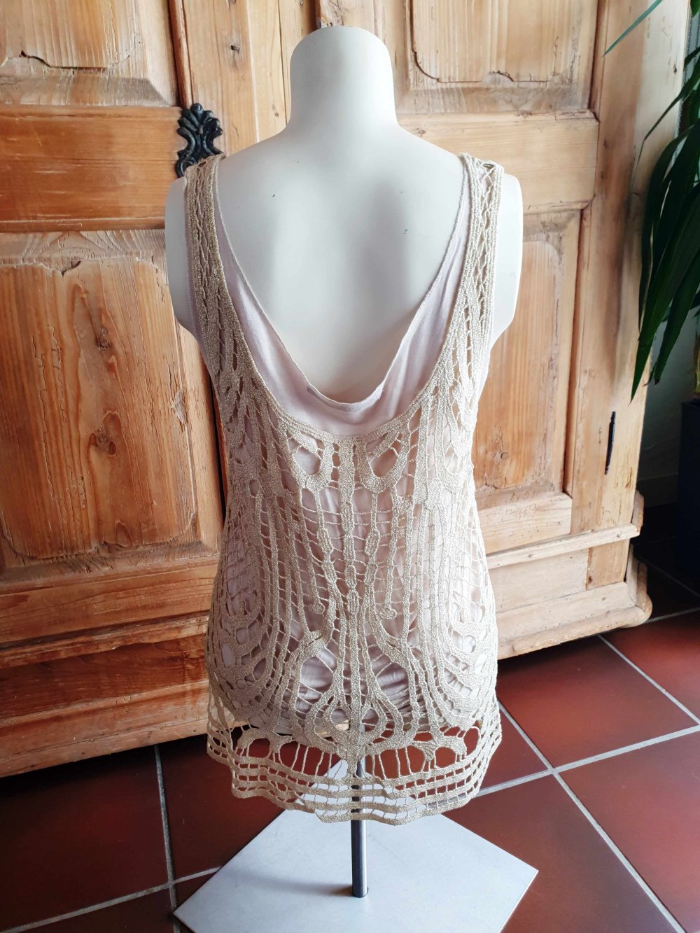 Guess Minikleid Tunika Top Spitze Häkelkleid Häkeltop Hippie Boho Gold Glitzer S 36