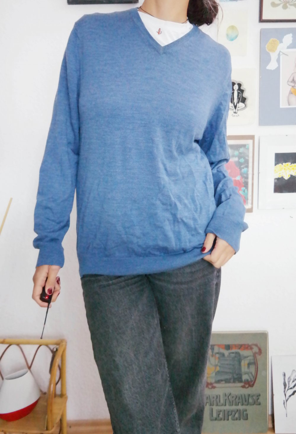 Rover & Lakes Pullover 100% Merino Wolle blau XL L V-Ausschnitt